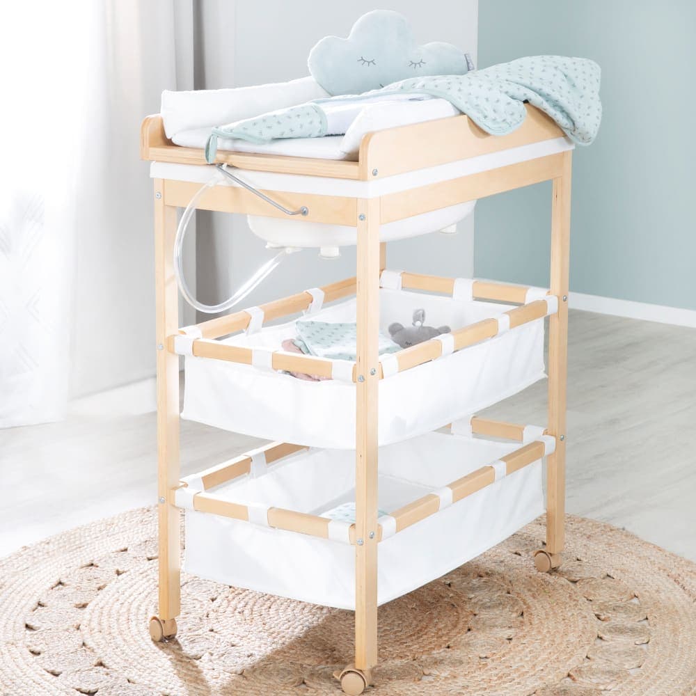 Table à langer avec baignoire et matelas blanc en bois nature - image 2