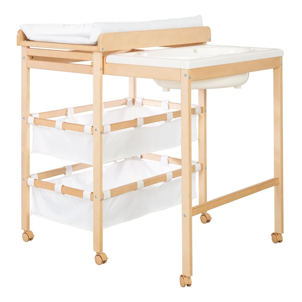 Table à langer avec baignoire et matelas blanc en bois nature