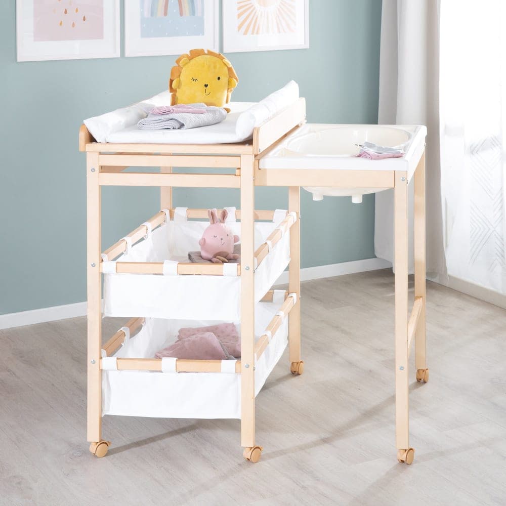 Table à langer avec baignoire et matelas blanc en bois nature - image 2