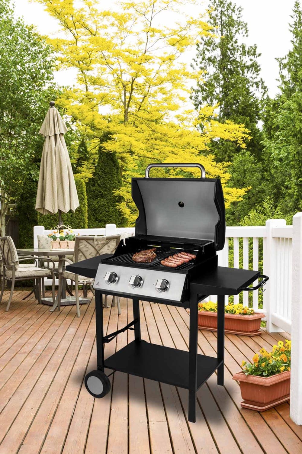 Barbecue à gaz 3 brûleurs avec chariot et rangements - image 2