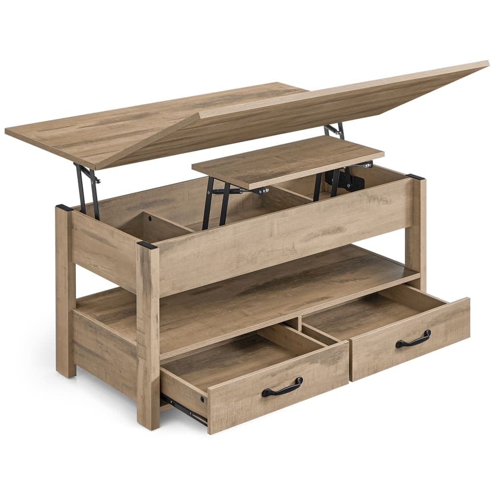 Table basse relevable vérin à gaz 2 tiroirs et 3 compartiments marron