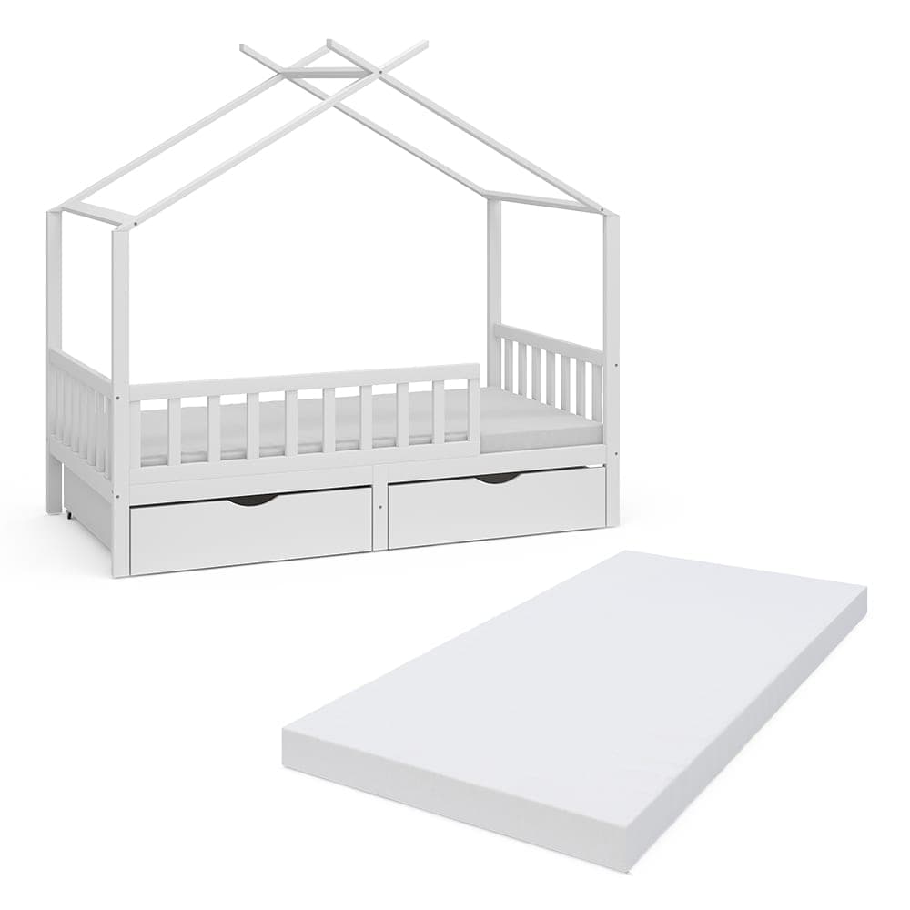 Lit cabane avec 2 tiroirs et matelas, Blanc 166 x 154cm