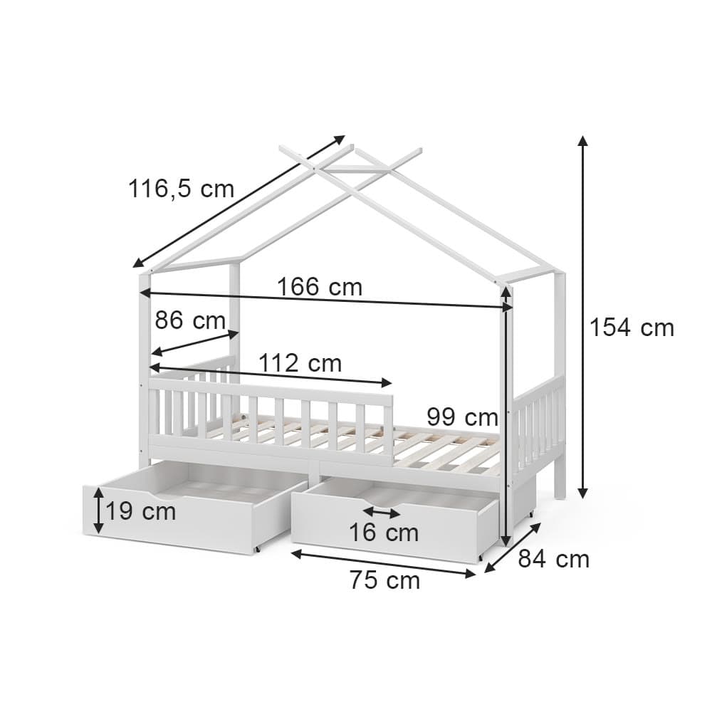 Lit cabane avec 2 tiroirs et matelas, Blanc 166 x 154cm - image 3