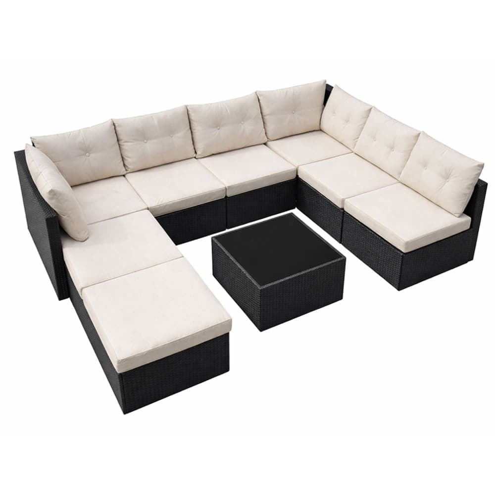 Salon de jardin 8 places en résine tressée noir et beige