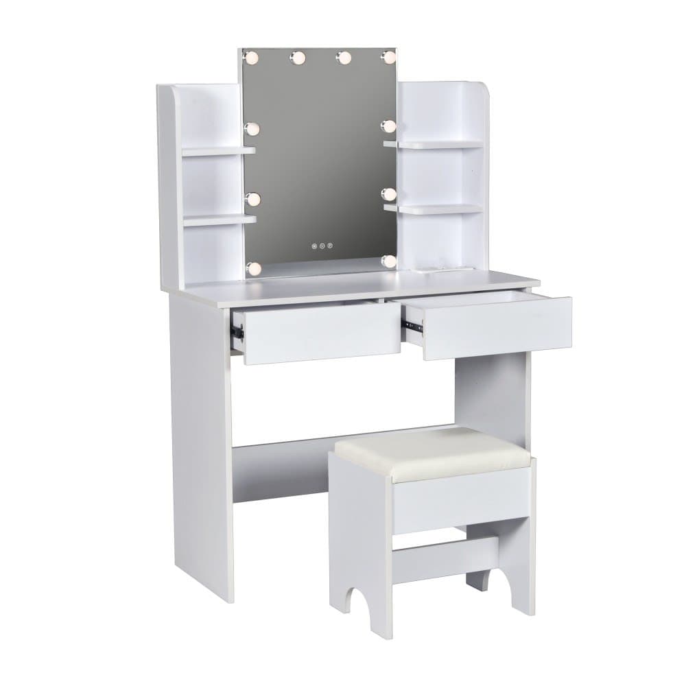 Coiffeuse avec miroir 2 tiroirs et tabouret blanc