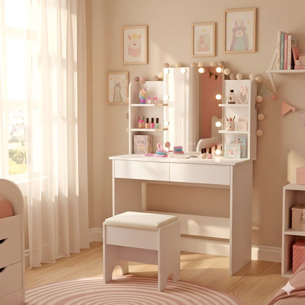 Coiffeuse avec miroir 2 tiroirs et tabouret blanc - image 2