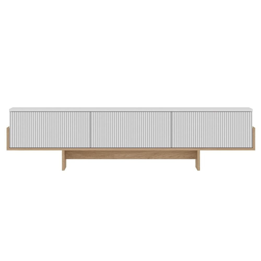 Meuble TV 3 portes abattantes striées L185 cm - Effet Blanc et Bois